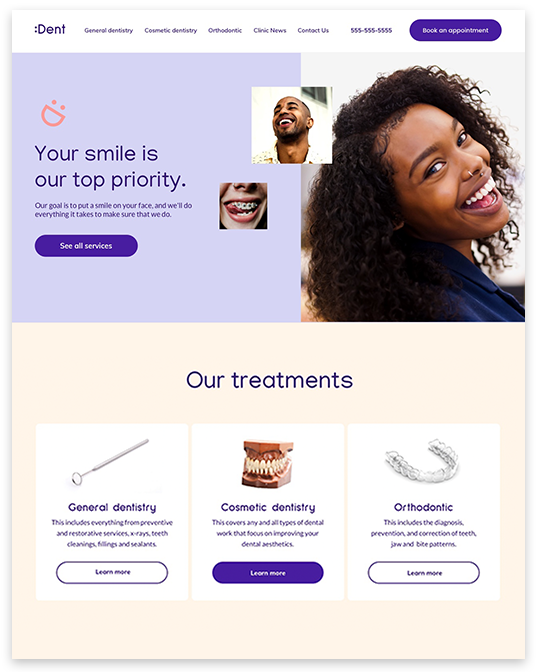 A website for a dental office shows a woman smiling and a man smiling.