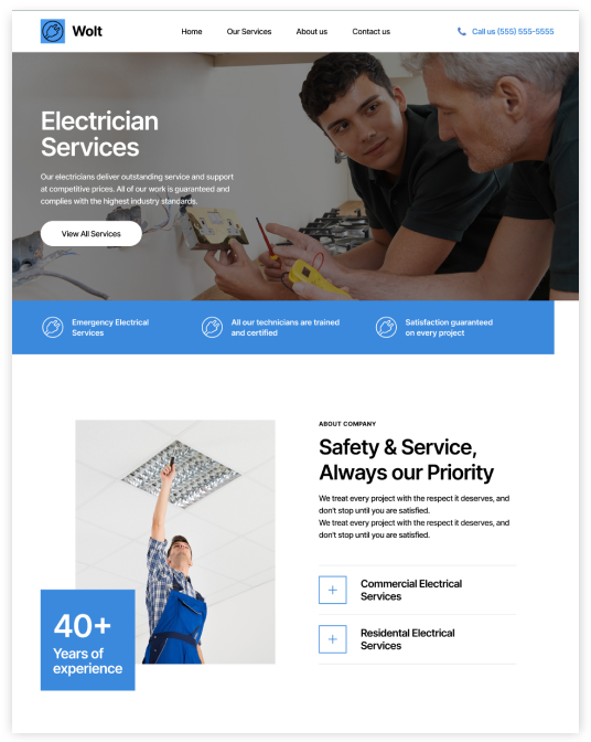 A screenshot of a website for electrician services