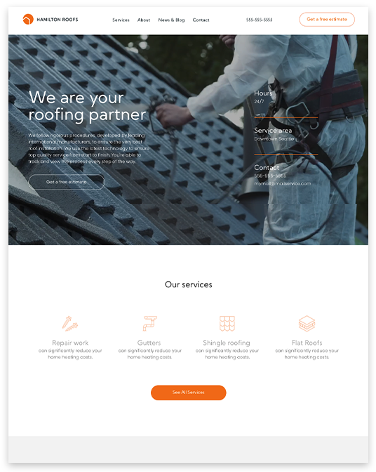 A roofing company website shows a man working on a roof.
