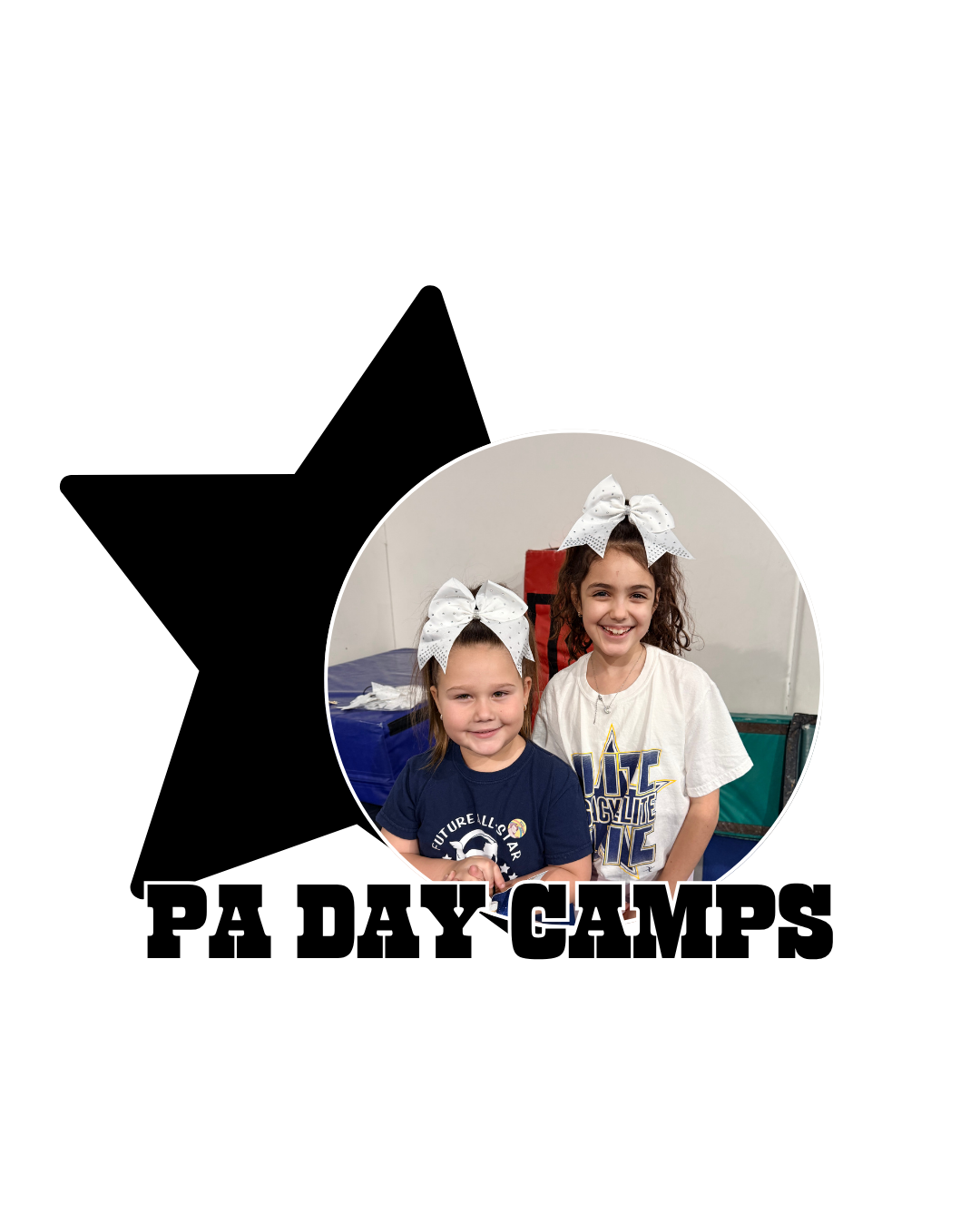 PA DAY CAMPS logo with black star and circular photo of two smiling children with bows