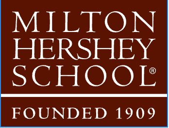 Logo for Milton Hershey School in white serif text on a brown background, with the words