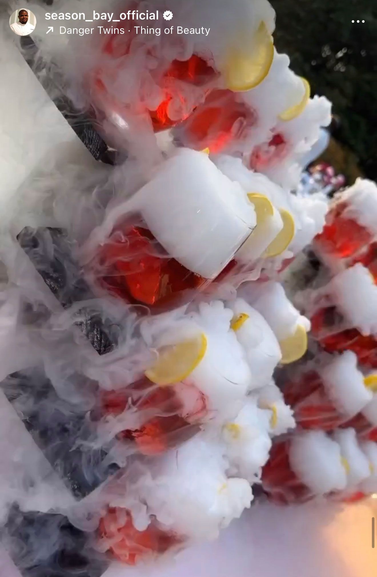 Red fruit and lemon slices covered in dry ice, emitting vapor.