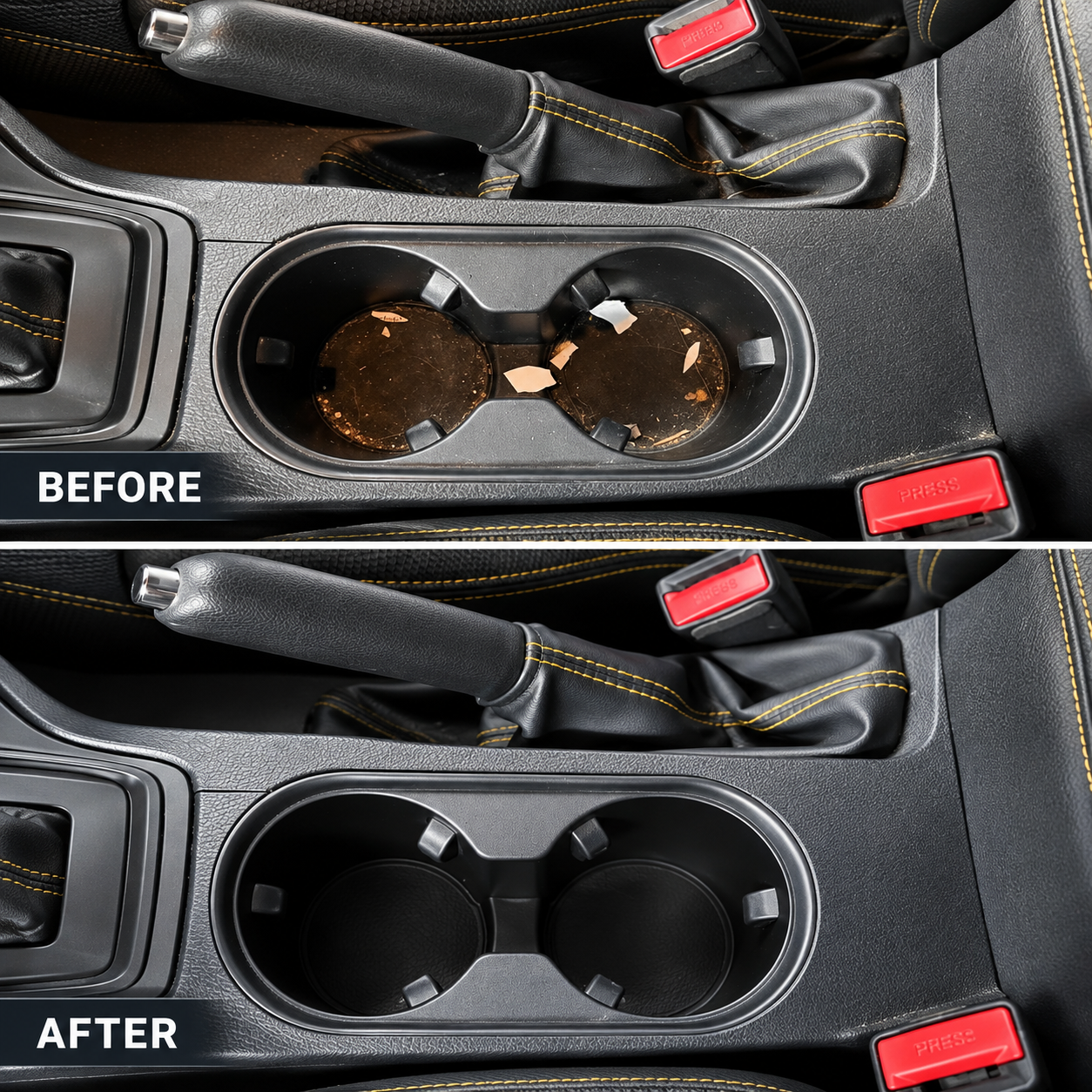 Before-and-after car cup holder cleaning: dirty brown cups above, clean black cups below.