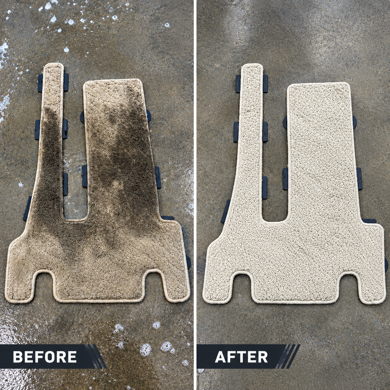 Dirty chair cushion before and clean, light-gray cushion after on concrete background.