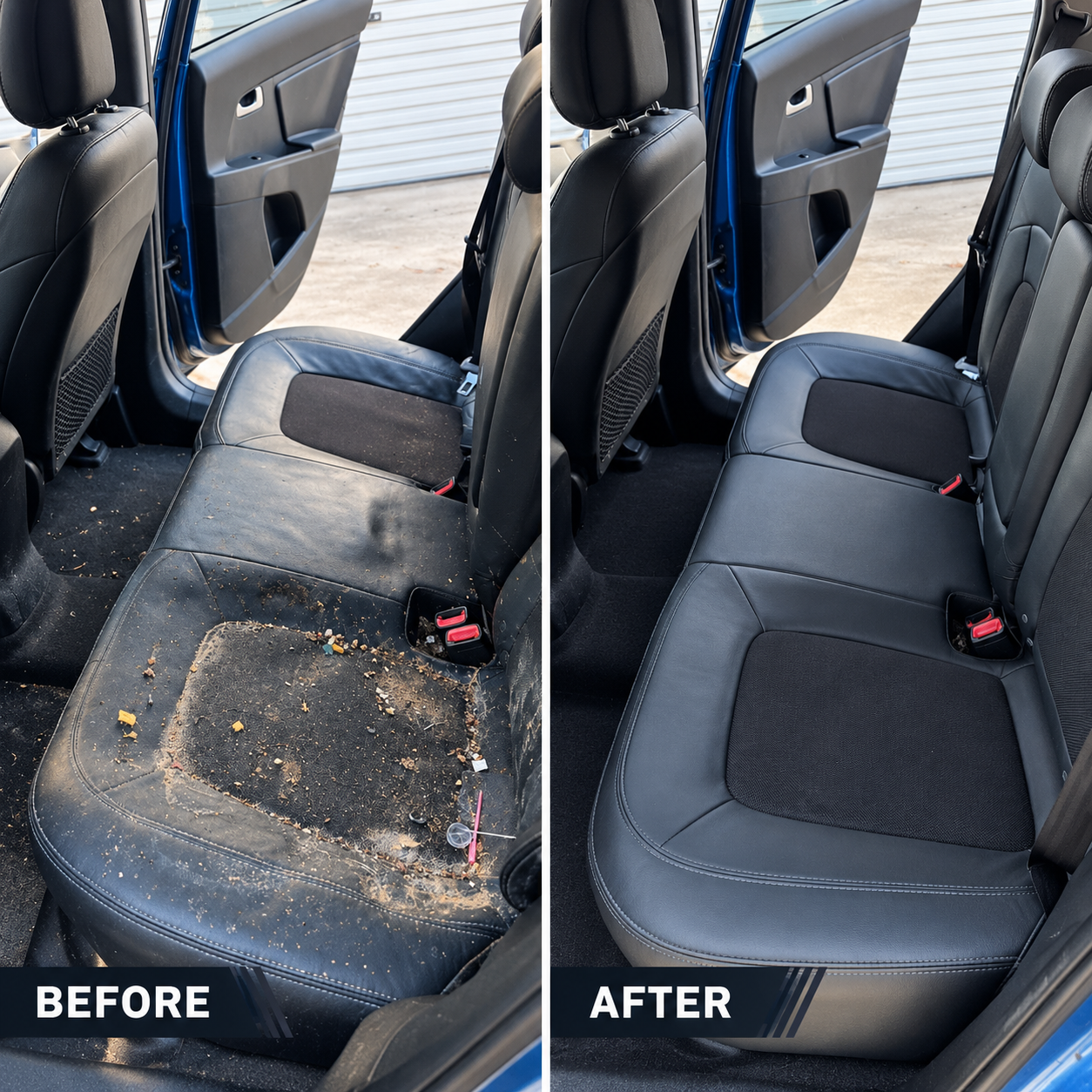 Car seat before-and-after: dirty black seat on left, cleaned black seat on right.