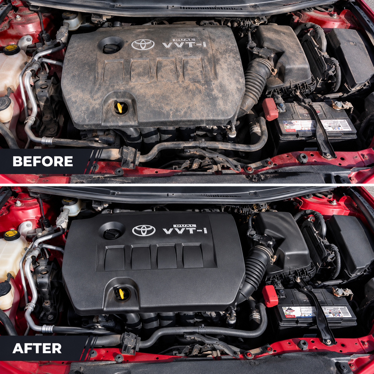 Before-and-after car engine bay cleaning, showing a dirty dusty Toyota engine above and a clean black cover below.