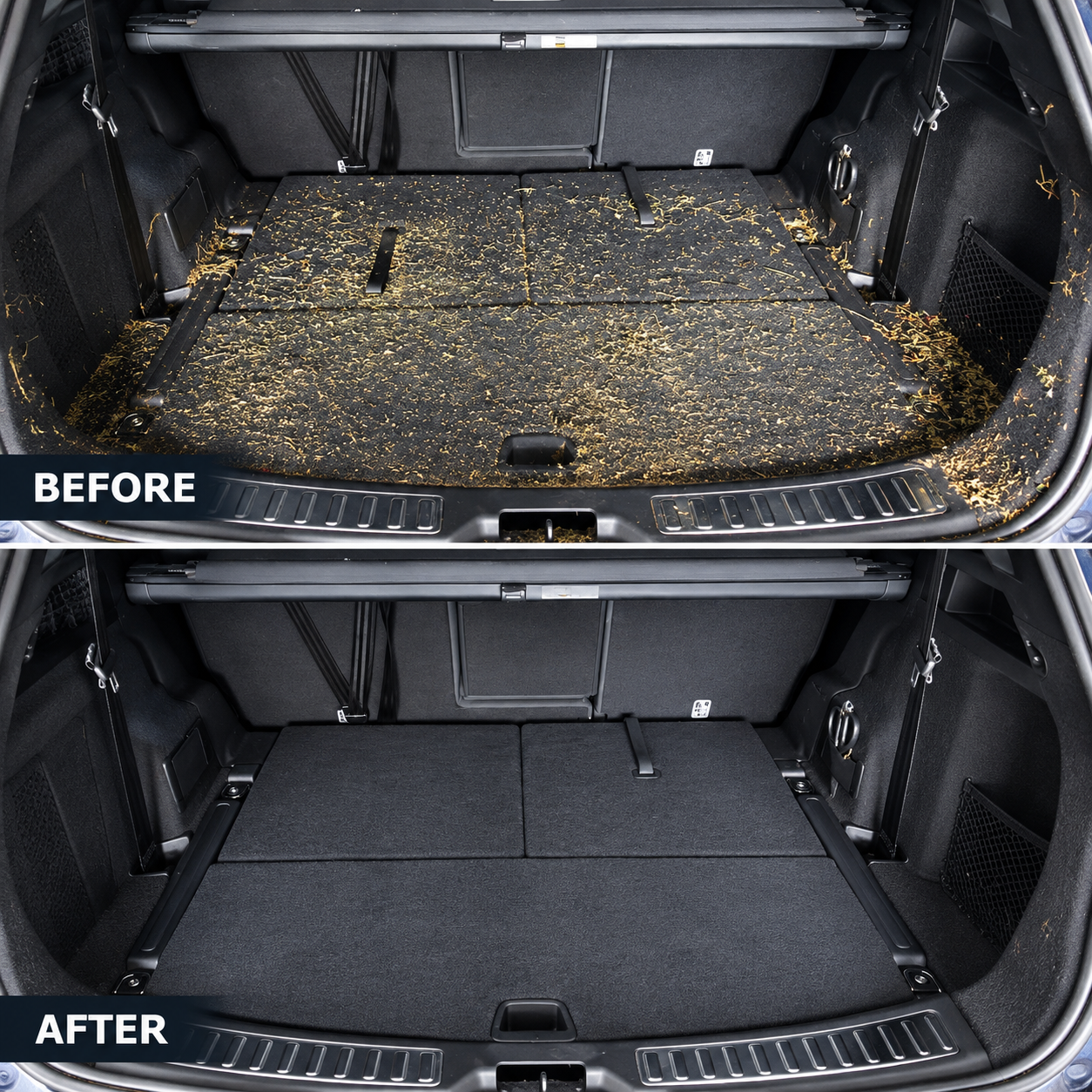 Car trunk before-and-after: dirty cargo floor cleaned and lined with black mats.