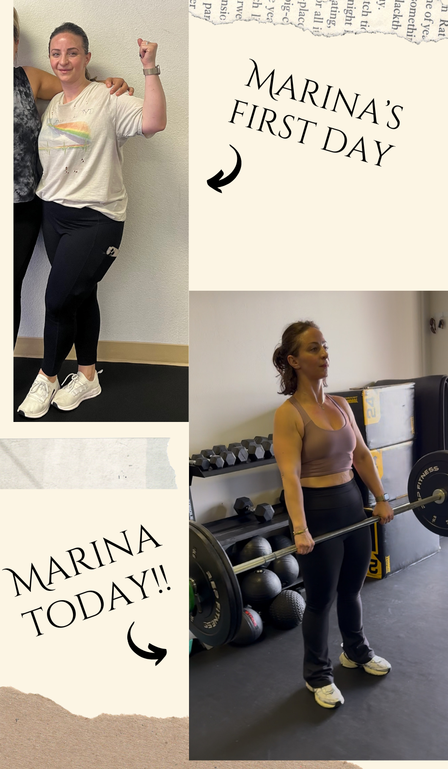 Side-by-side: Before photo of Marina, and photo of Marina weightlifting, a weight loss transformation.