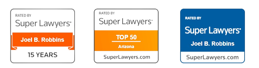 Three Super Lawyers badges: 15 years, Top 50, and a blue badge, all with Joel B. Robbins' name.