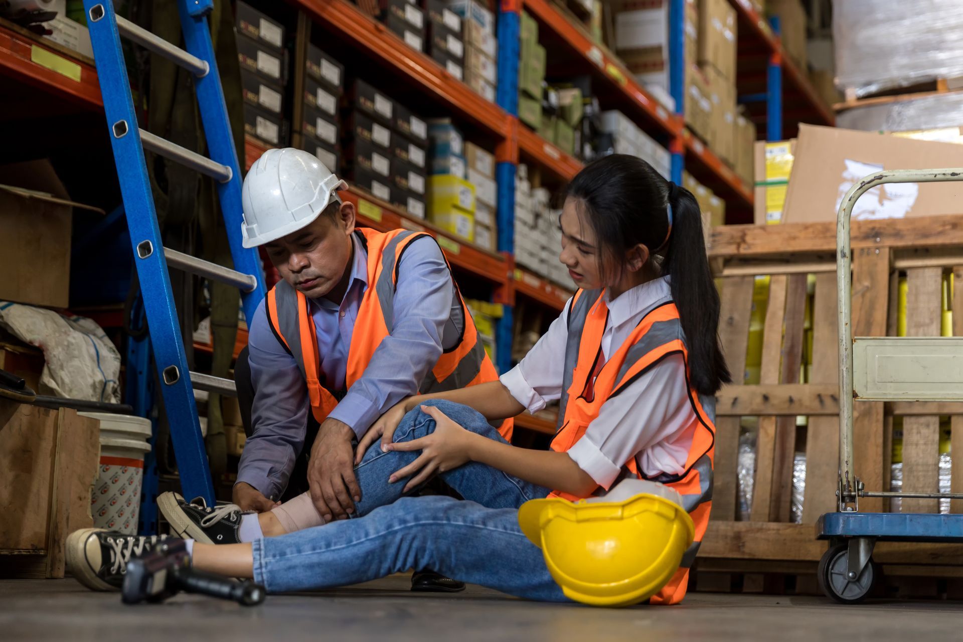 Warehouse worker injured, being helped by another. One has knee injury, wearing hard hats and safety vests.