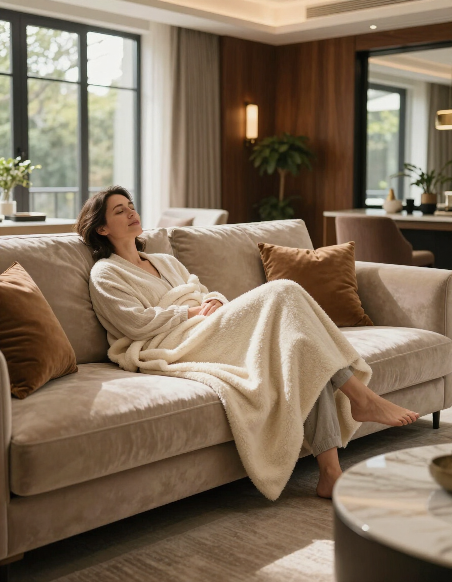 Woman lounging on a beige sofa in a modern living room, wearing a white robe and laughing.