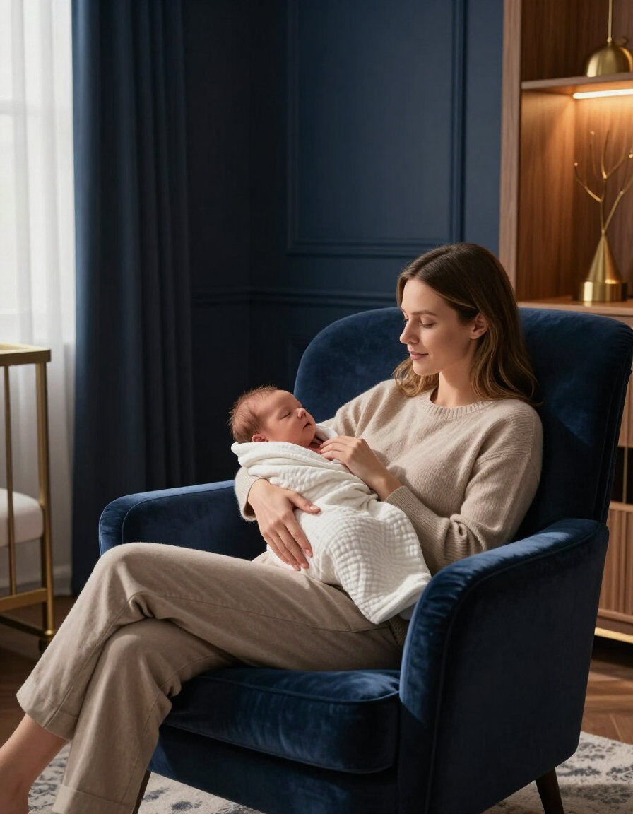 Woman seated in a blue armchair holding a baby in a softly lit living room