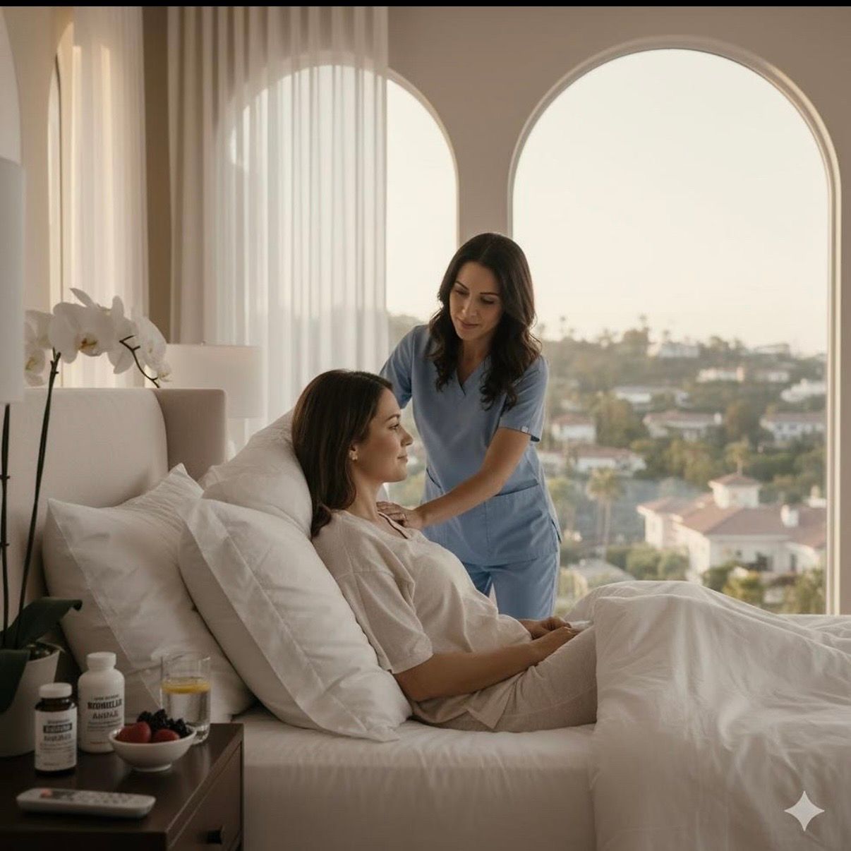 Patient in bed with nurse in a bright hospital room with arched windows