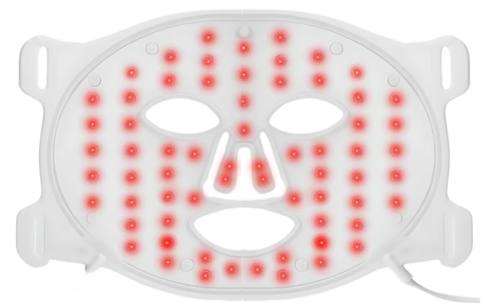 LED facial mask with red light dots and cutouts for eyes, nose, and mouth