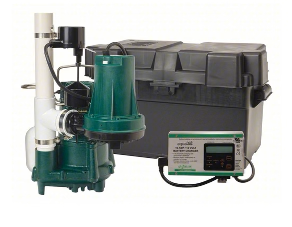Green sump pump system with gray control box and black storage tank, shown on a white background