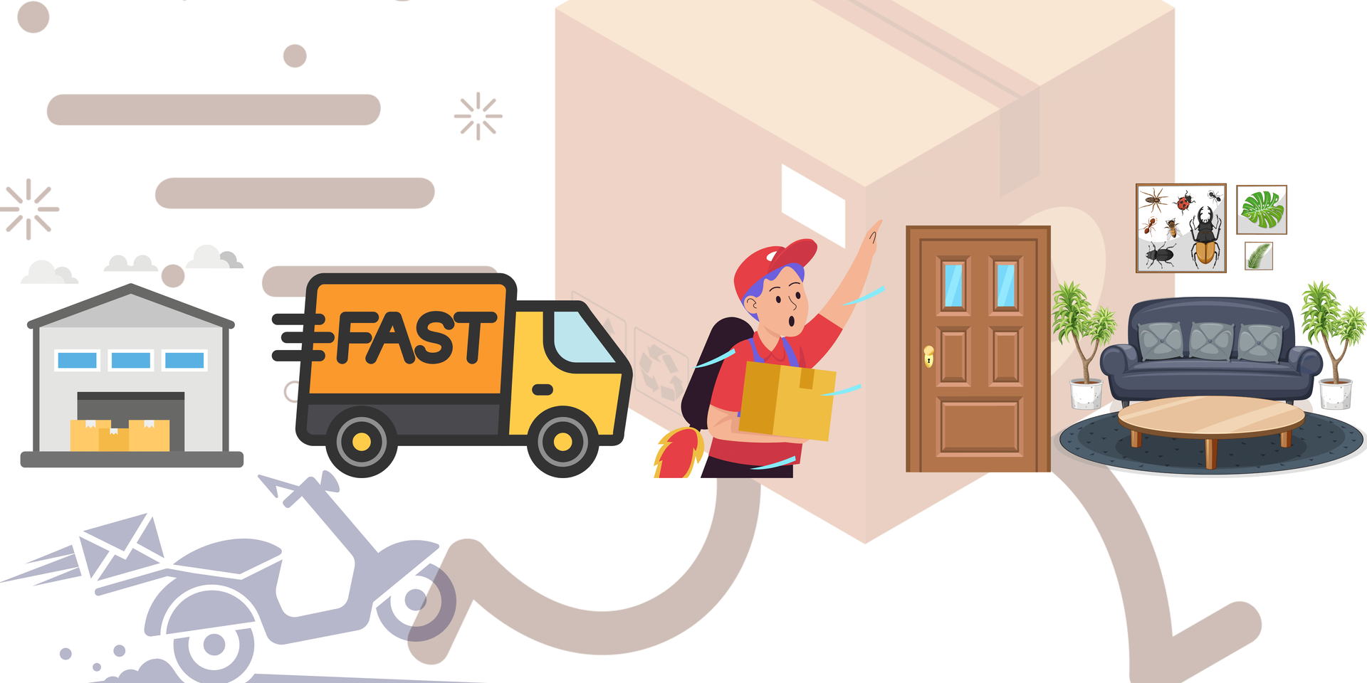 Animatietekening van snelle levering bij Relaxa, met een vrachtwagen die meubels vervoerd.