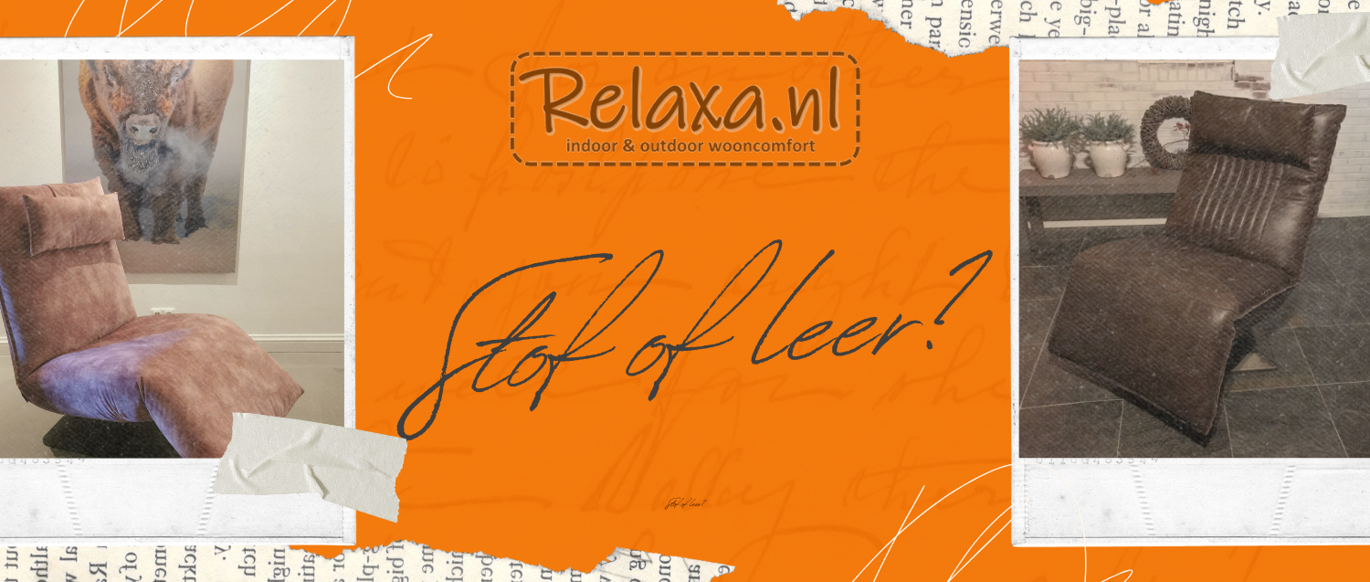 Twee relaxfauteuils naast elkaar ter vergelijking: een bekleed met stof en een met leren bekleding,