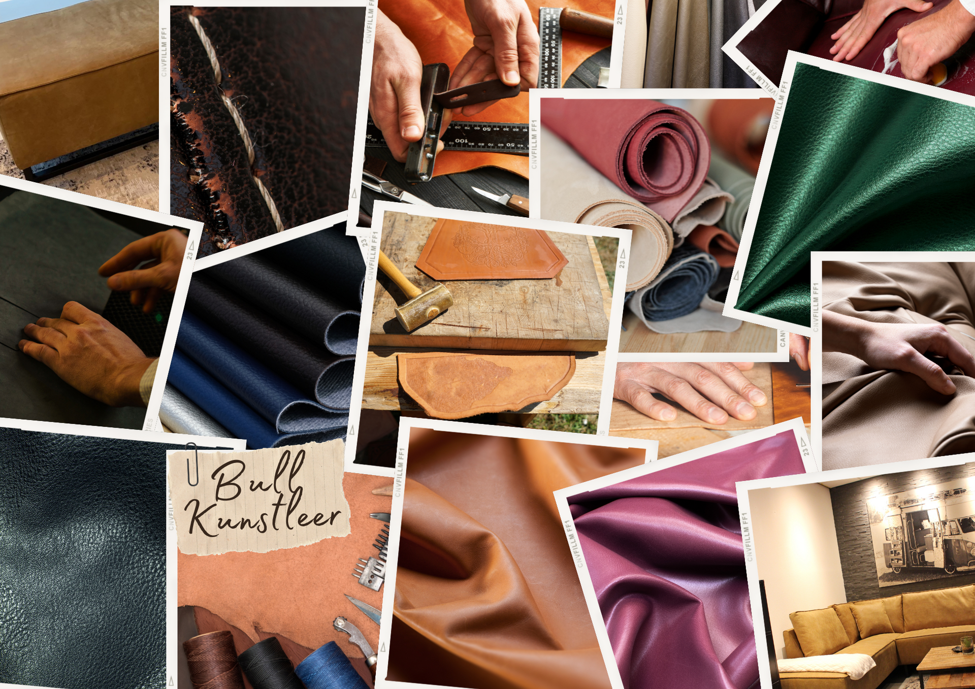 Fotocollage van verschillende kleuren en texturen van kunstleer, gebruikt voor de bekleding van relaxfauteuils en meubels.