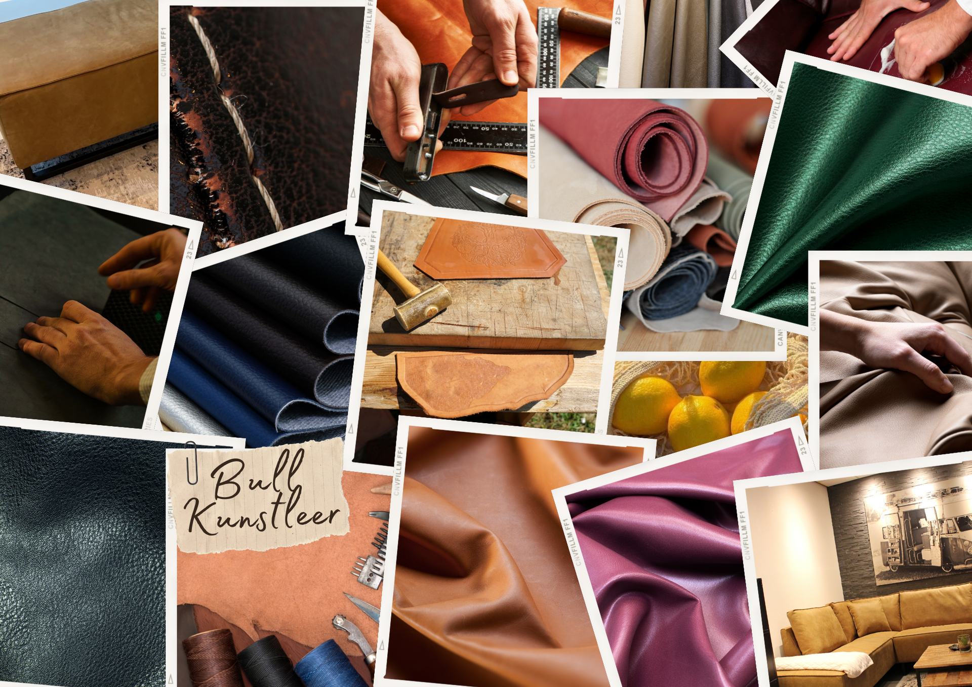 Fotocollage van verschillende kunstleer soorten en kleuren, die de variëteit en textuuropties voor meubelbekleding tonen.