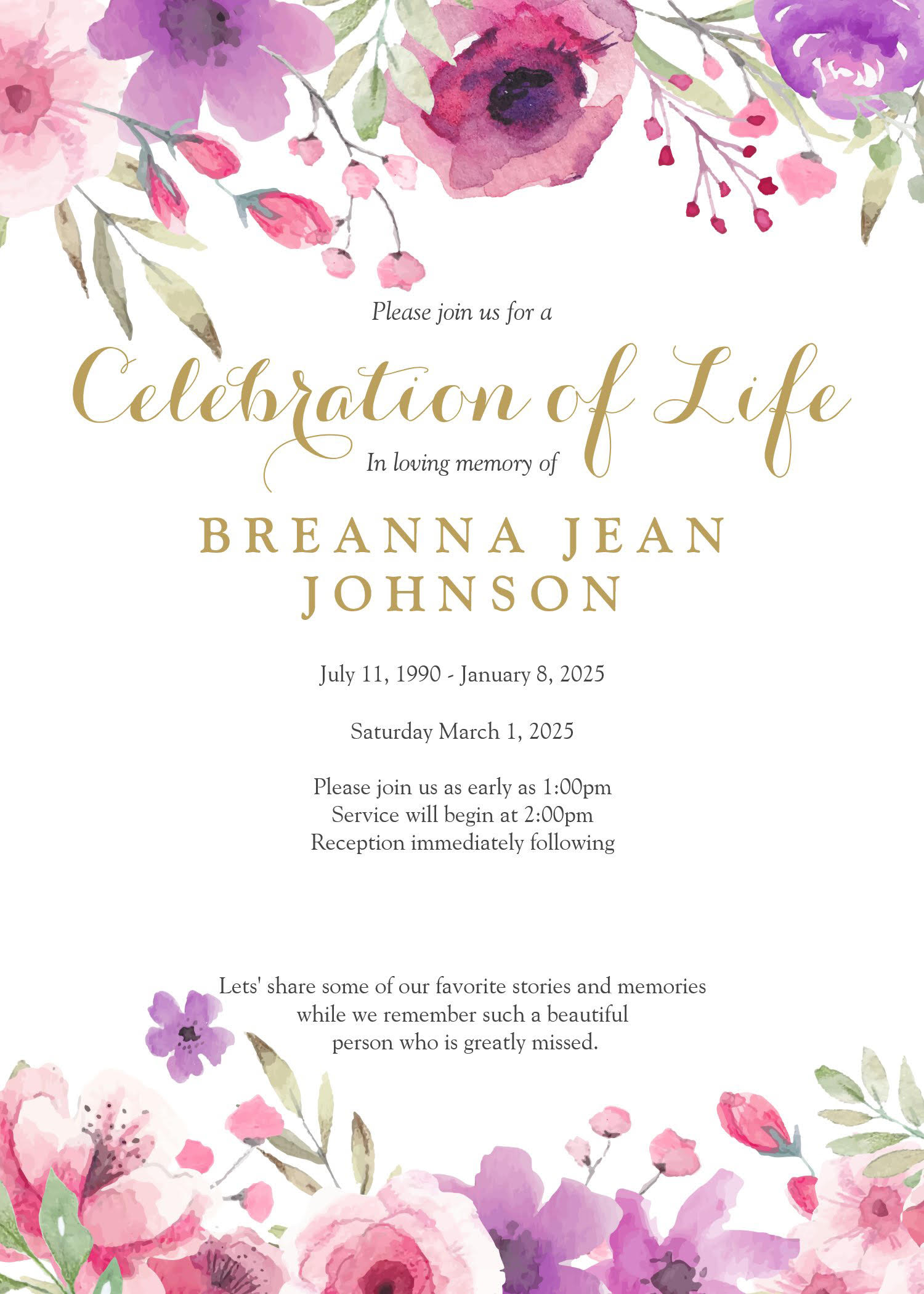 A celebration of life invitation with pink and purple flowers