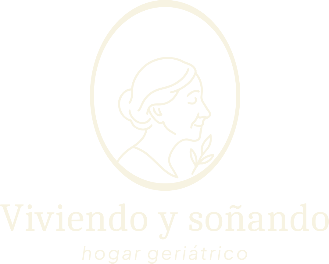 Logotipo en tonos beige de «Viviendo y soñando», con el perfil lineal de una persona mayor y el texto «hogar geriátrico».