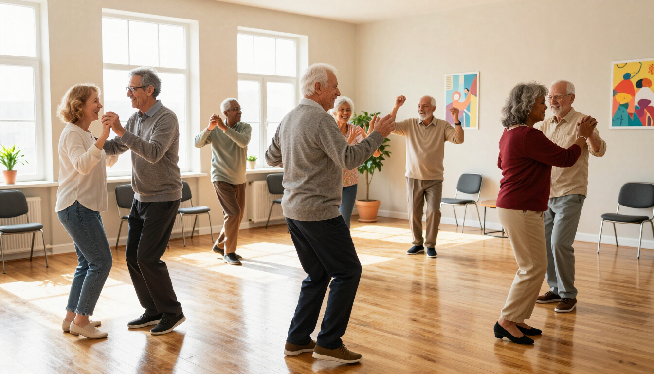 Personas mayores bailando en un estudio luminoso con suelo de madera y grandes ventanales
