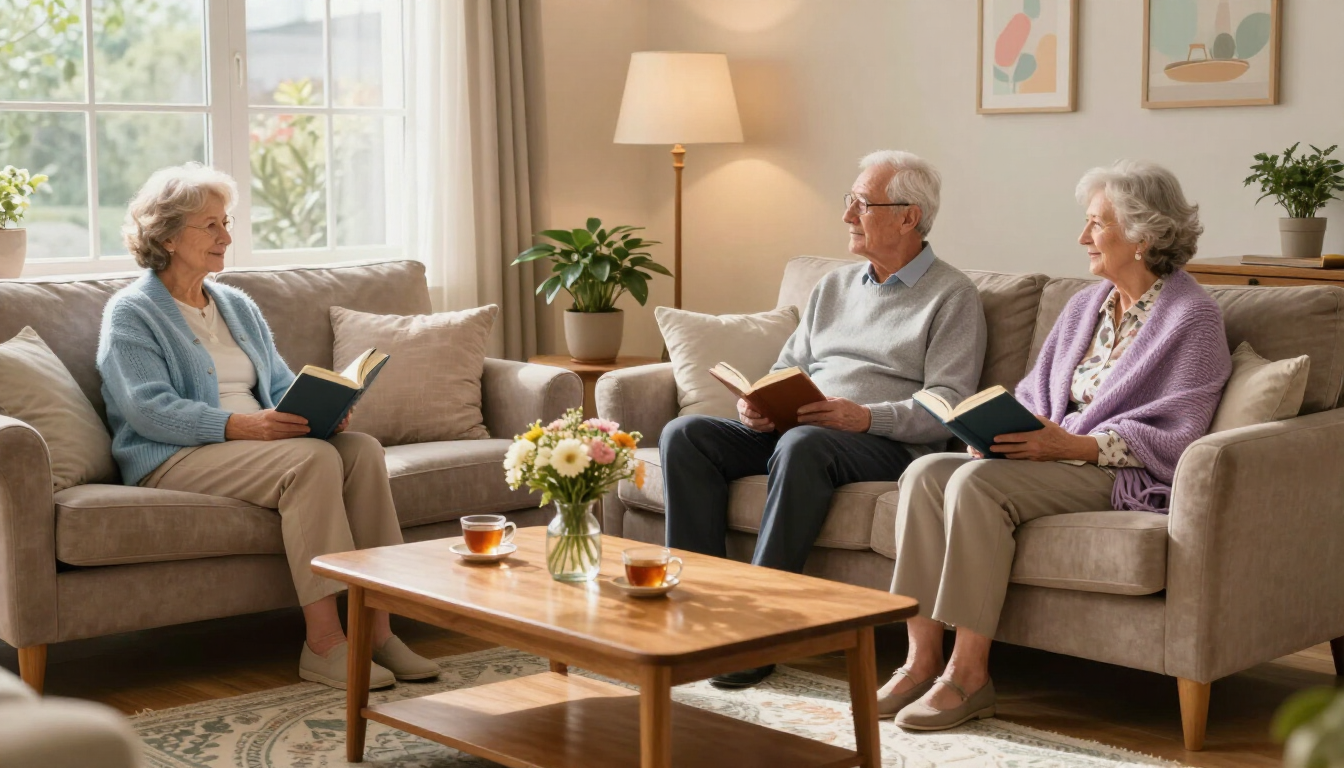 Tres personas sentadas en un sofá leyendo en una sala de estar luminosa con una mesa de centro y una lámpara.