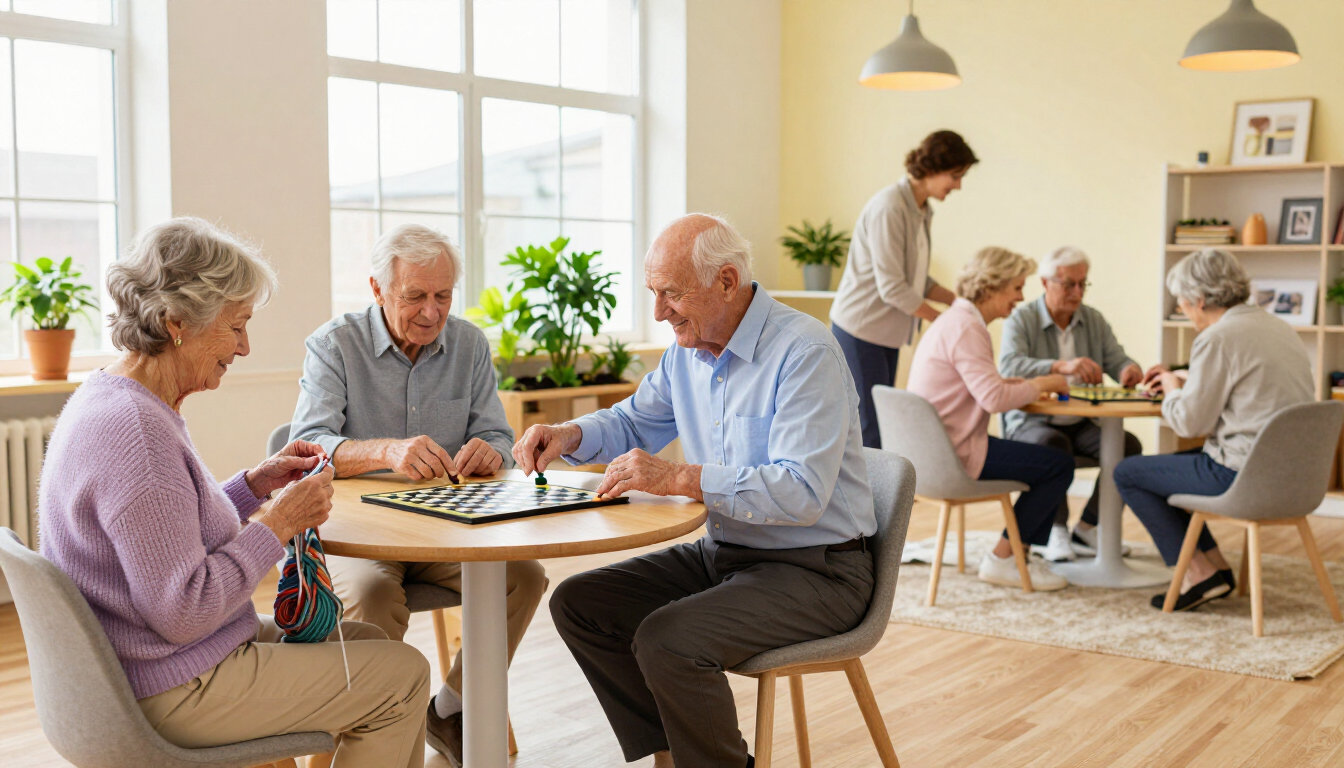Personas jugando a juegos de mesa y charlando en una luminosa sala común con grandes ventanales y suelo de madera