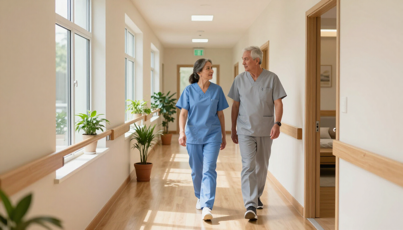 Dos profesionales sanitarios caminan por un luminoso pasillo del hospital, conversando junto a las ventanas y las plantas en macetas.