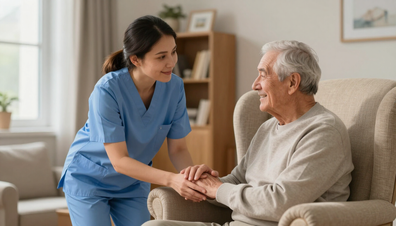 Enfermera con uniforme azul que sostiene la mano de un anciano sentado en una sala de estar, brindándole apoyo y consuelo.