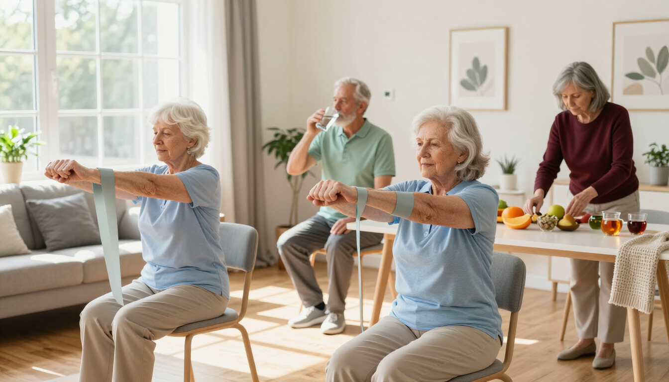 Personas mayores haciendo ejercicios de brazos sentadas en una sala de estar luminosa, con una mesa con fruta detrás de ellas
