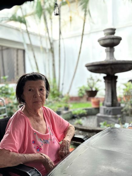 Una mujer con una camiseta rosa sentada junto a una fuente en un jardín, bajo un dosel.
