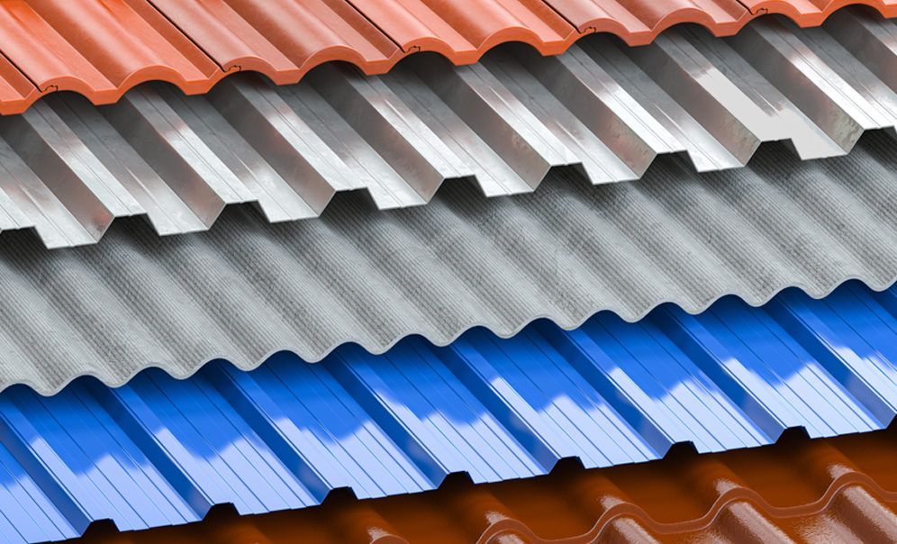 Close-up view of various corrugated metal roofing samples: red, silver, gray, blue, and brown.