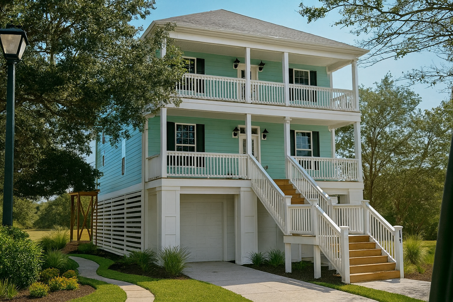 Two-story, light blue coastal house with white trim, balconies, and an elevated garage.