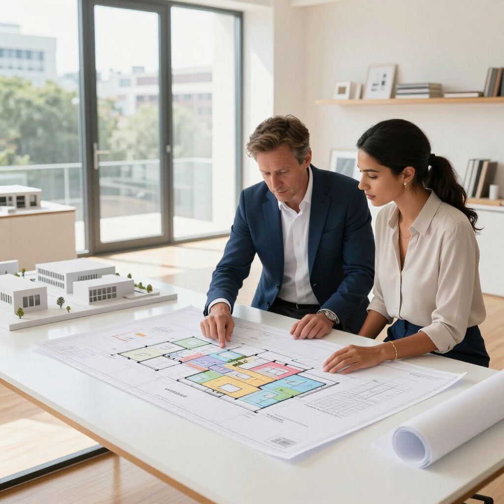 Two people reviewing architectural plans at a table in a modern office.