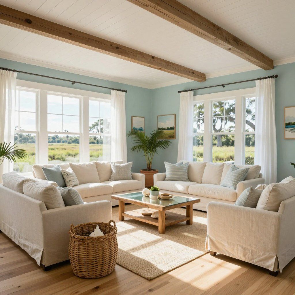 Spacious living room with light blue walls, cream sofas, and large windows overlooking a field.