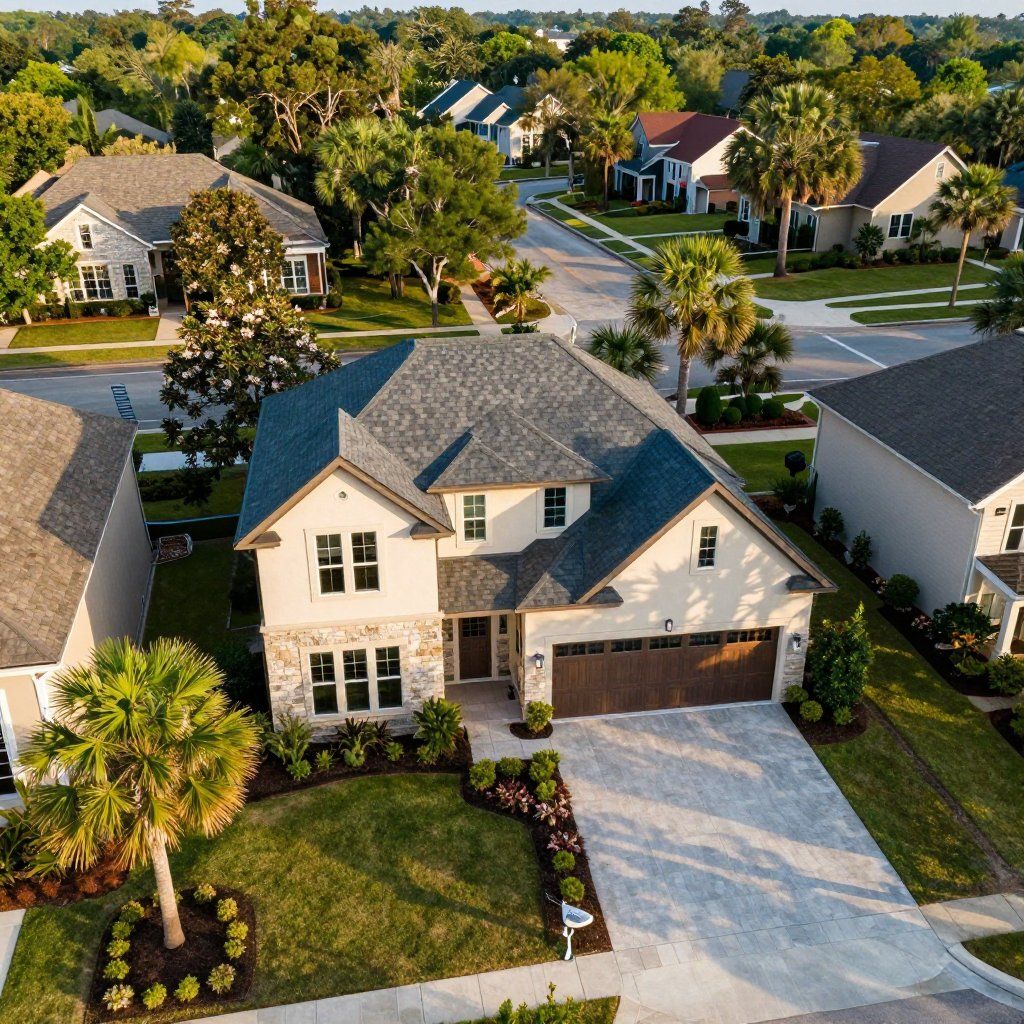 Aerial view of a two-story house with a gray roof and driveway, surrounded by green lawns and other suburban homes.