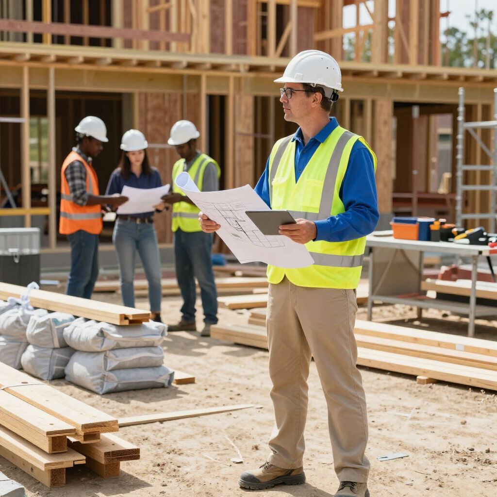 Construction worker in hard hat and vest reviews blueprints; other workers in background at a building site.