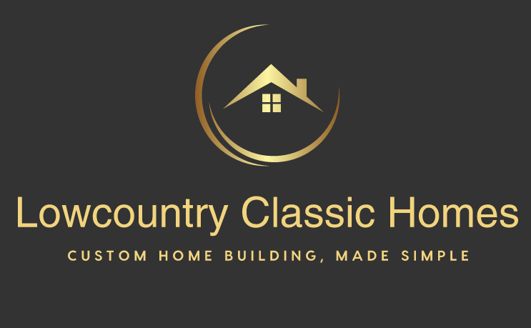 Logo for Lowcountry Classic Homes: Gold house icon in a crescent, text below reads