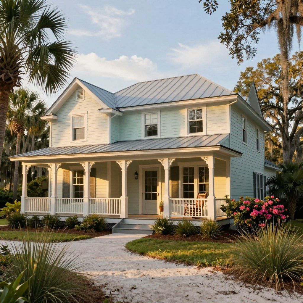 Light blue two-story house with a wraparound porch; a sandy path leads to the front door.