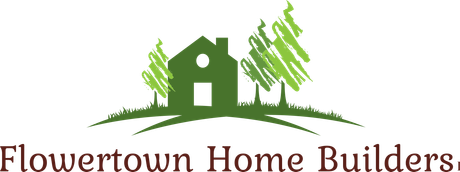 Logo for Flowertown Home Builders, featuring a green house, trees, and grass. Text below says