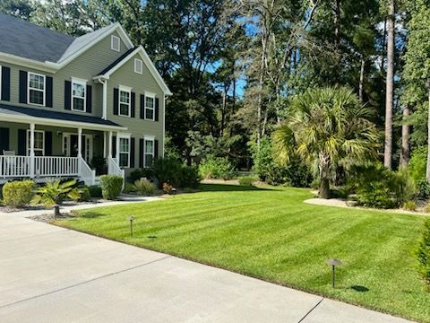 Green house with manicured lawn; driveway in foreground, trees in background, sunny day.