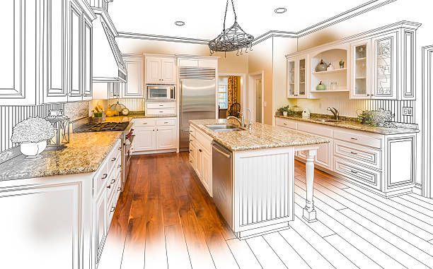Partially drawn kitchen with white cabinets, wood floors, and granite countertops.or 