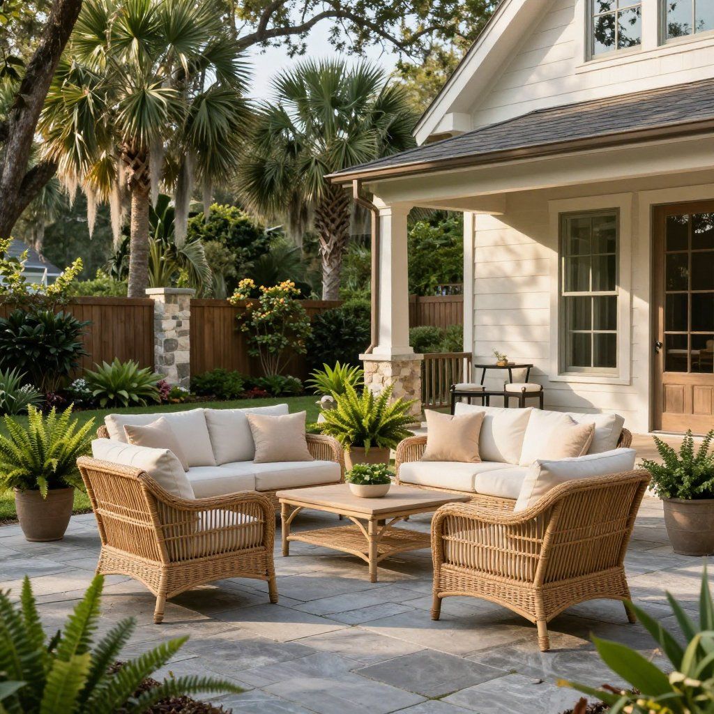 Outdoor patio with wicker furniture, ferns, and neutral-toned sofas in front of a house.