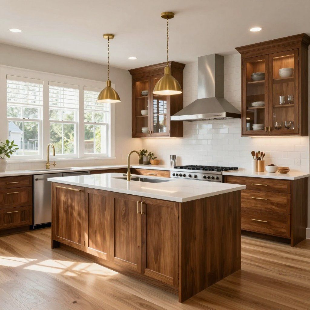Kitchen with brown cabinets, white countertops, stainless steel appliances, and gold pendant lights.