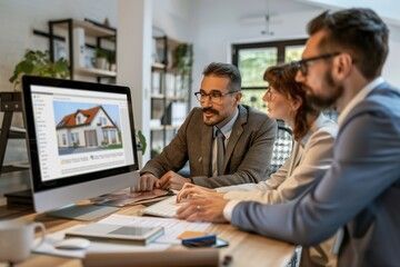 Three people looking at a computer screen displaying a house rendering; indoors, a wooden table.