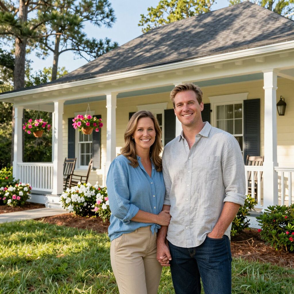 Couple standing in front of a yellow house with a porch, smiling.