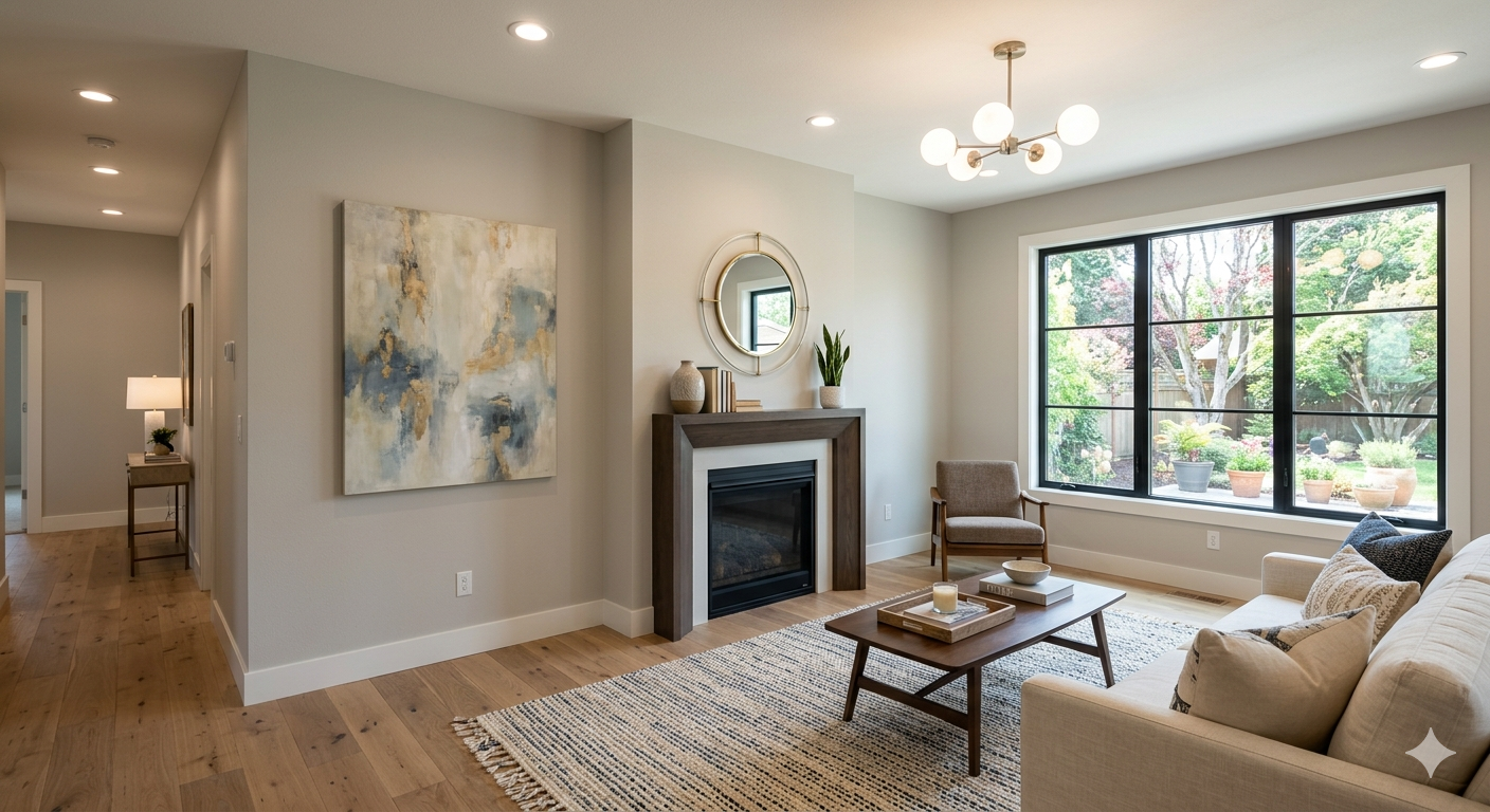 Bright living room with fireplace, beige sofa, large window, and modern decor