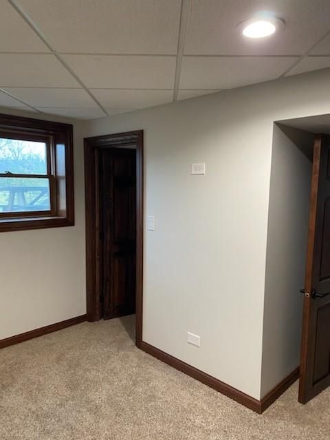 Empty office room with beige carpet, white walls, wood trim, window, and open doorways