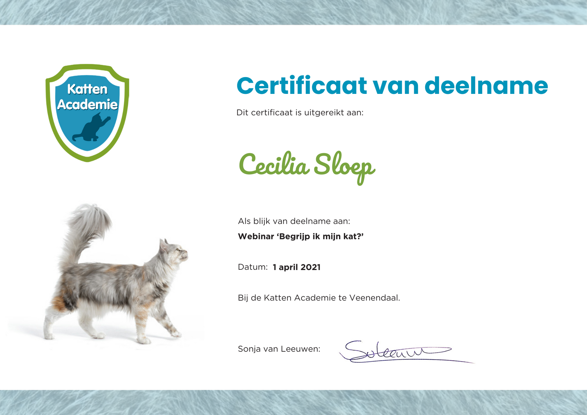 Nederlands deelnamecertificaat met een hondenillustratie en de naam 